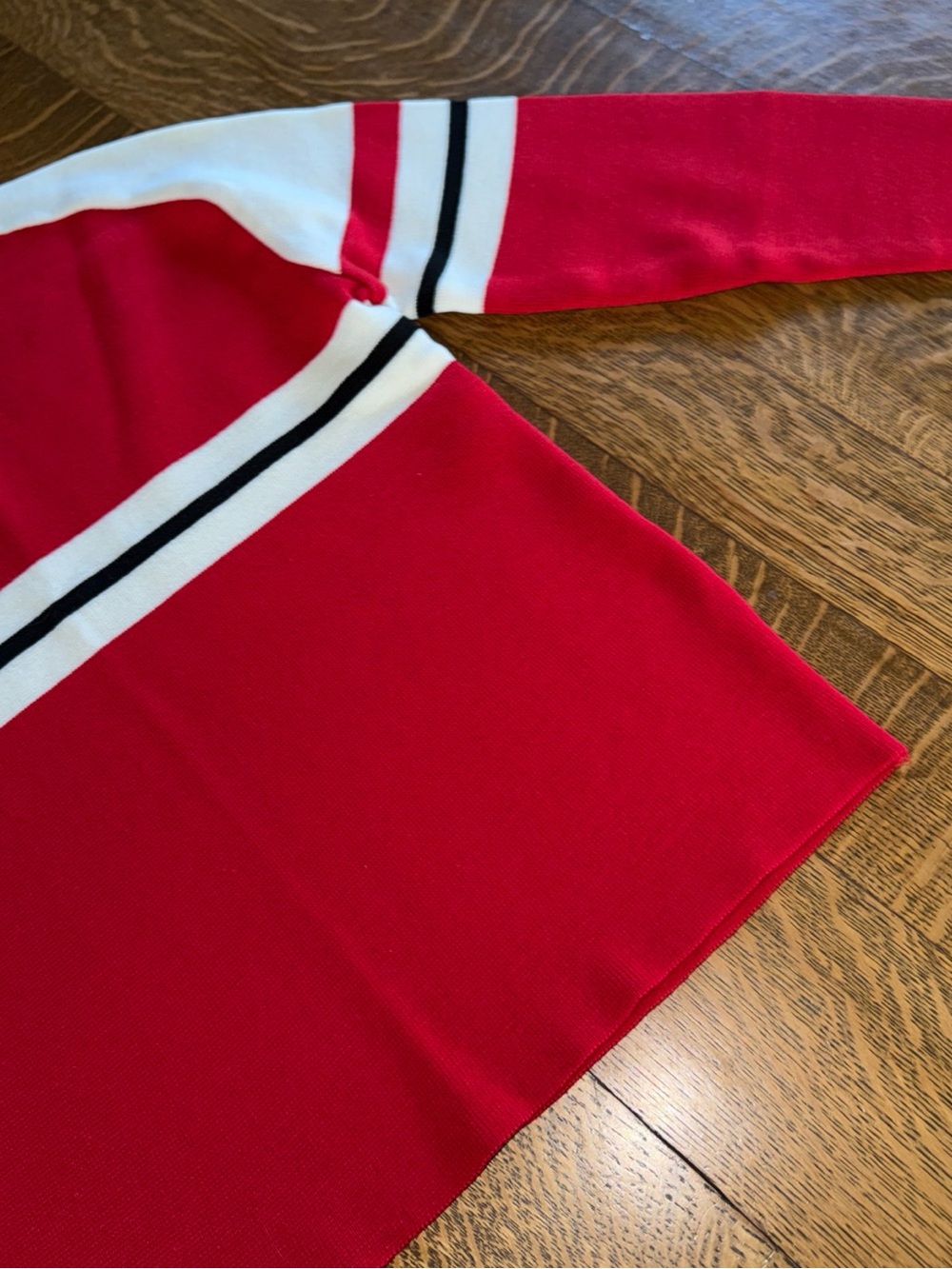 Red Crewneck Sweater with White & Black Stripe - Women's Crew Neck - Picture 3 of 13